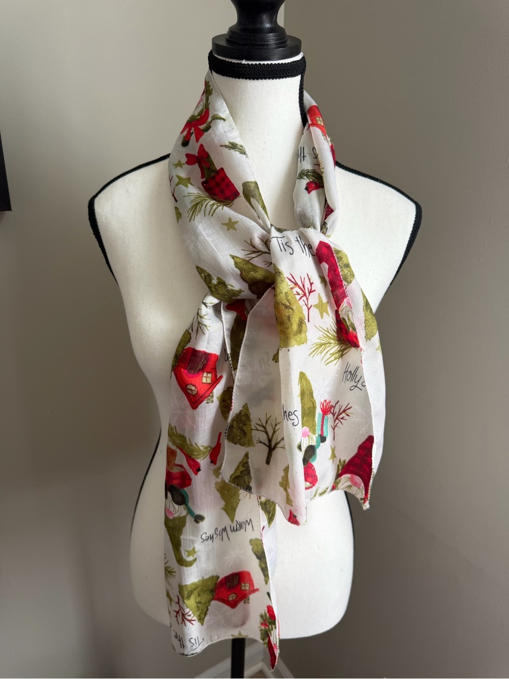 Christmas Gnome Oblong Scarf‎ Holly Jolly Cardinal Trees Glitter Winter Holiday